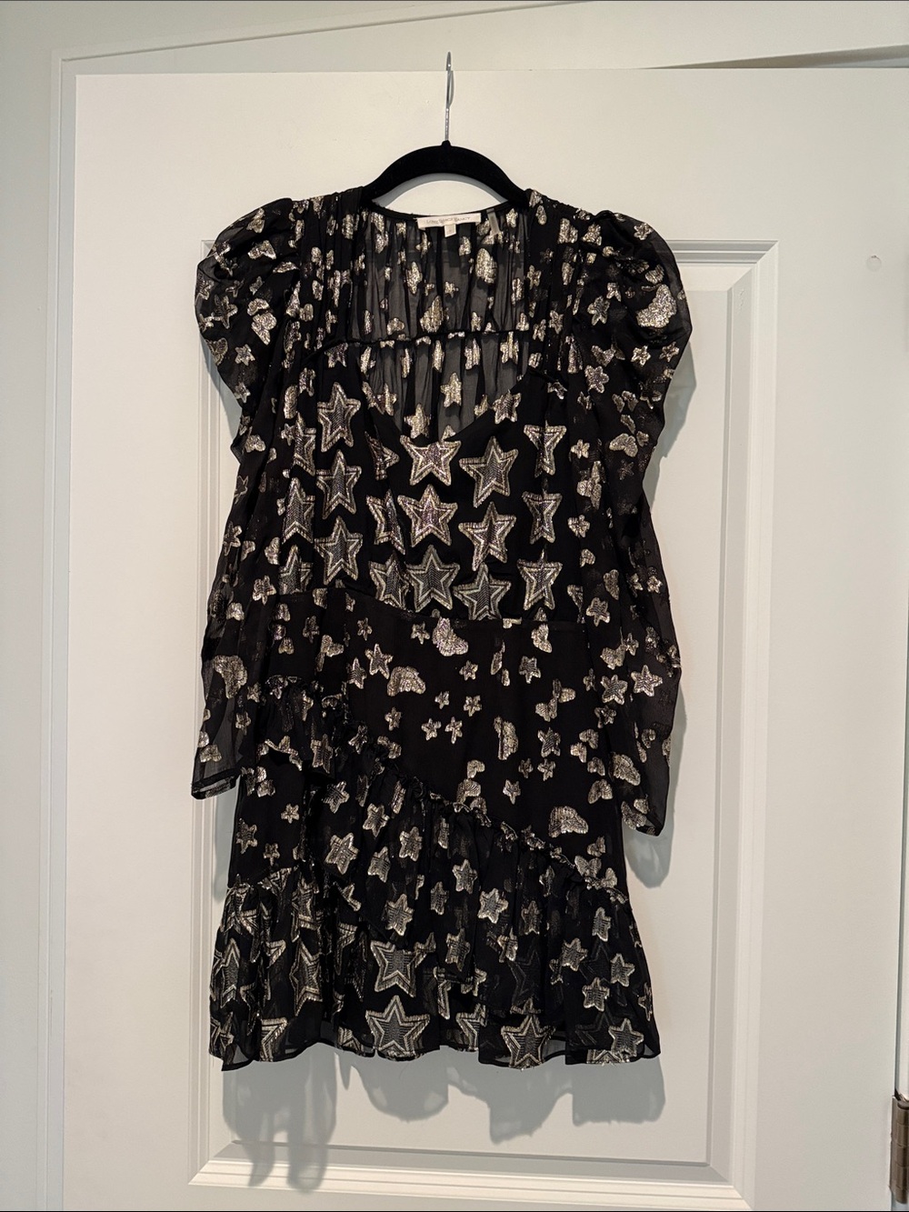 LoveShackFancy Black Metallic Star-Print Mini Dress